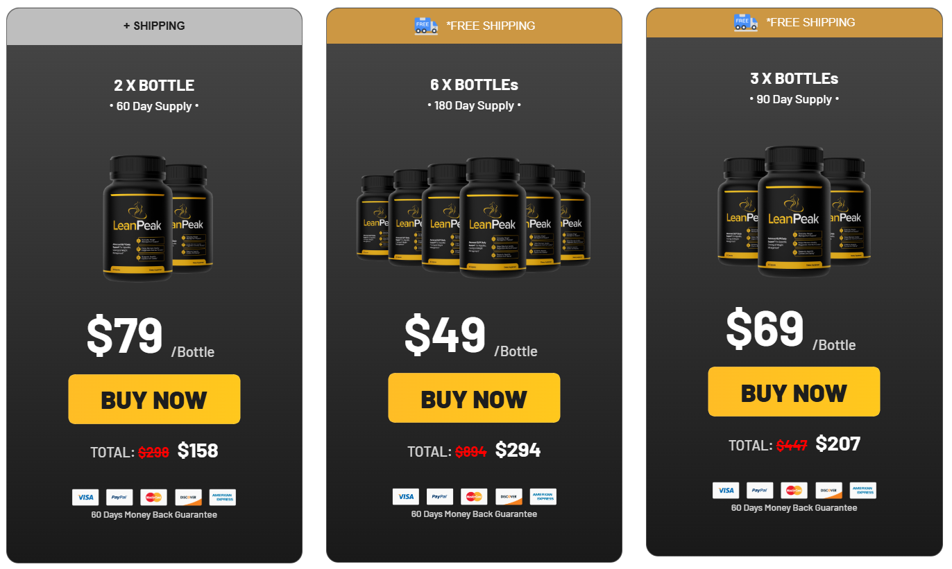 LeanPeak pricing packages available on the official website with discounts and free US shipping